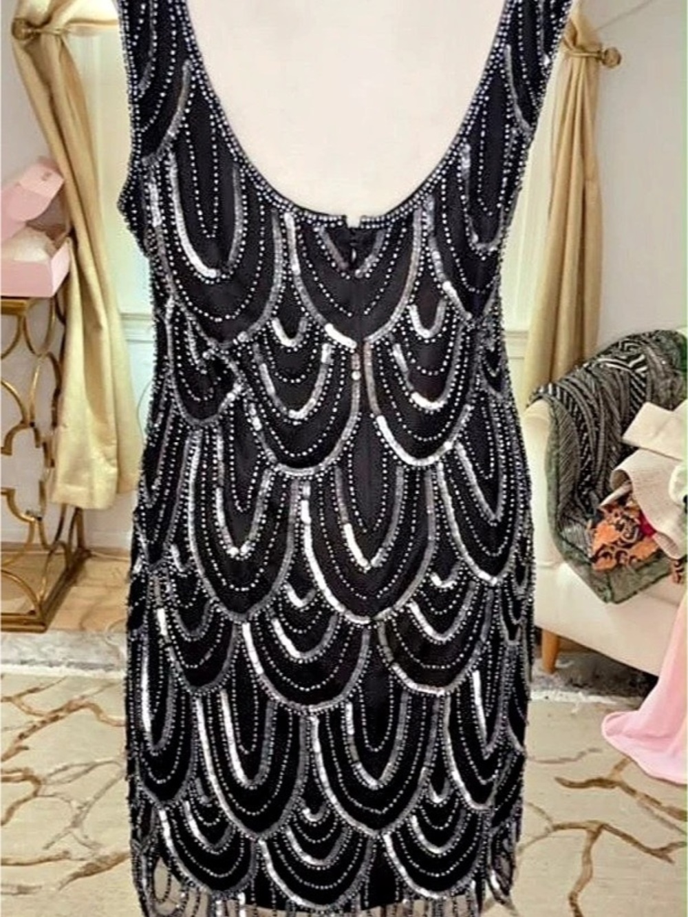 Adrianna Papell Women's Beaded Scallop Dress Mini Black & Silver